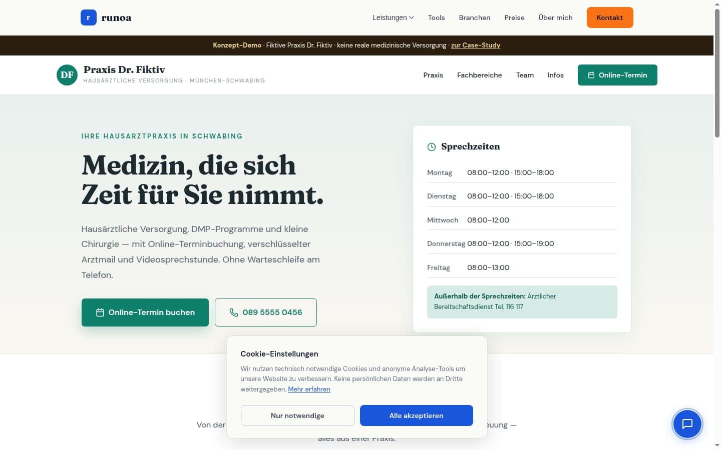 Screenshot des Konzept-Redesigns für die fiktive Praxis Dr. Fiktiv: Hero mit Claim Medizin die sich Zeit für Sie nimmt, Online-Termin-Button im Header, strukturiertes Sprechzeiten-Panel rechts, Teal-Sage-Farbpalette, Hinweis auf ärztlichen Bereitschaftsdienst 116 117
