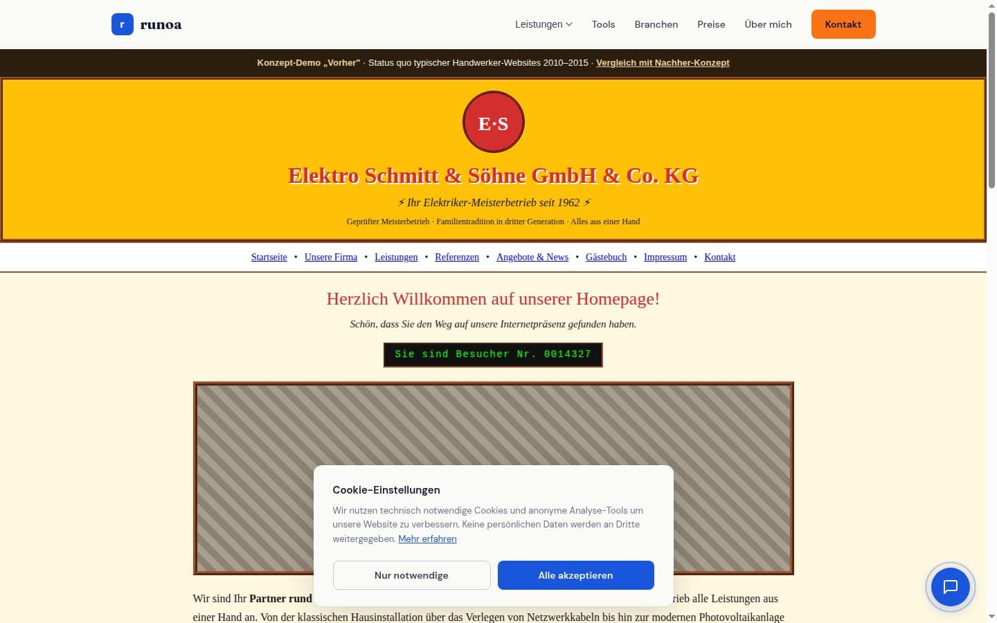 Screenshot einer typischen Handwerker-Website im Stil der frühen 2010er: rotes Wappen-Logo mit Initialen, gelber Hintergrund, Besucher-Zähler auf 14.327, 30-Item-Leistungsliste, Stockfoto-Platzhalter mit Werkzeug, Aktuelles-Sektion mit letztem Eintrag 2014