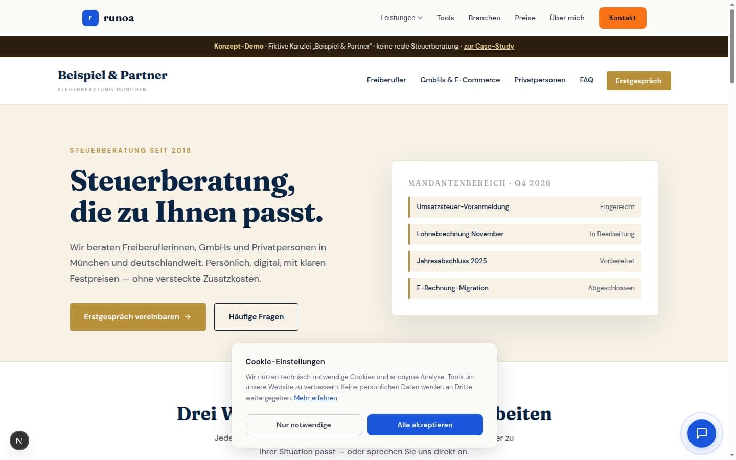 Screenshot des Konzept-Redesigns für die fiktive Kanzlei Beispiel & Partner: klarer Hero mit Claim „Steuerberatung, die zu Ihnen passt“, Mandantenbereich-Preview rechts, Navy-Gold-Cream-Farbpalette, Fraunces-Serif-Headlines, Gold-Accent-CTA